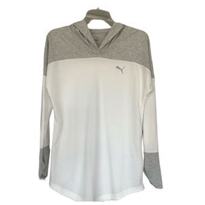 Puma Color Block White and Grey Hooded Tee Shirt